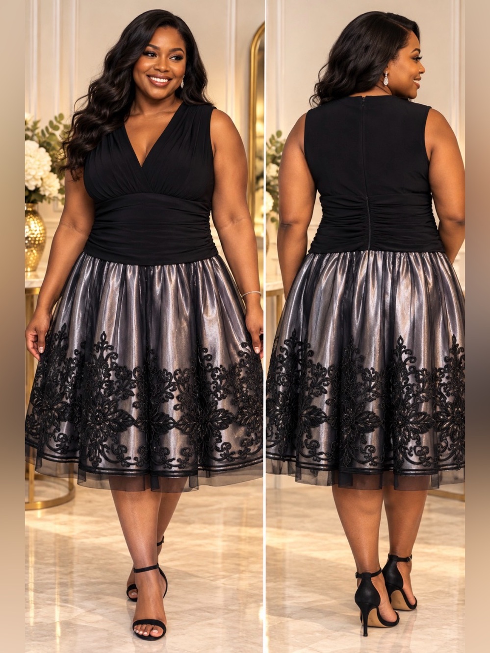 SLNY Dark Blue/Black Silver Metallic Embroidered Cocktail Dress Size 16